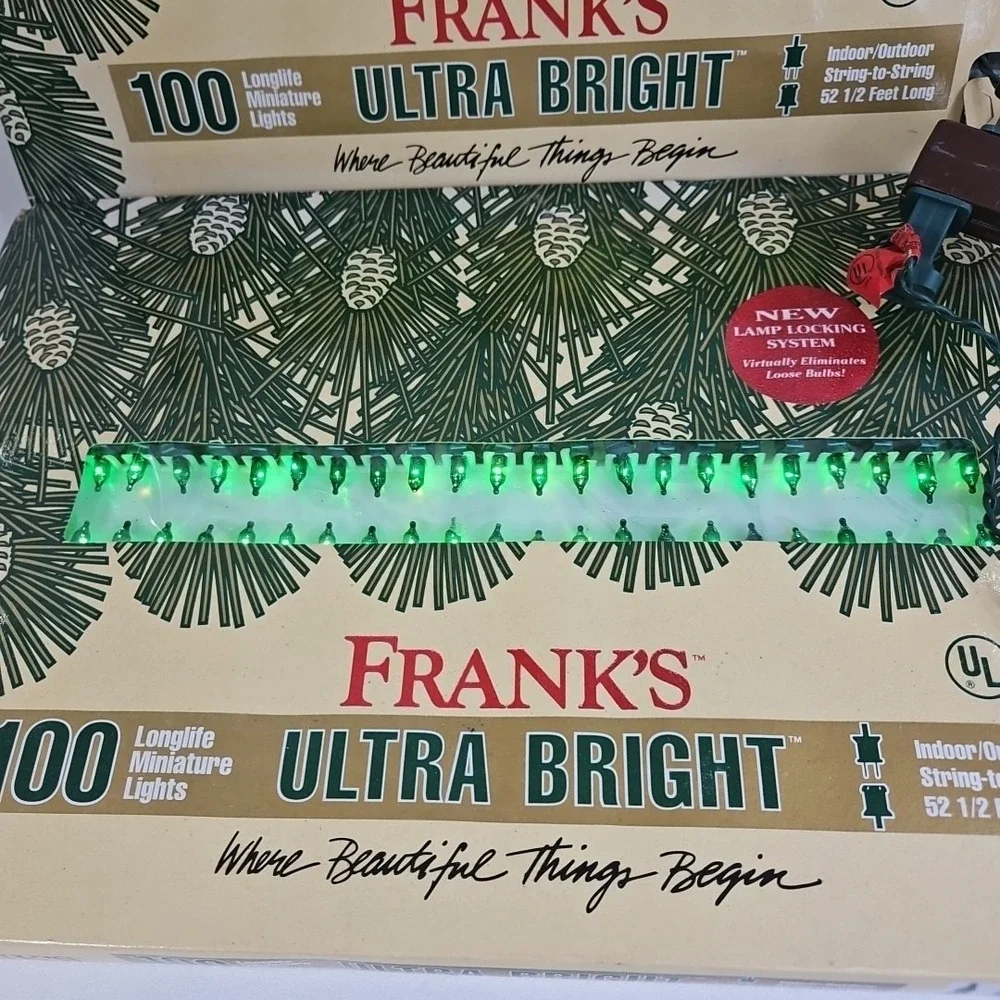 2 Vtg‎ Frank's 100 Ultra Bright Longlife Miniature Christmas Lights GREEN 52.5ft